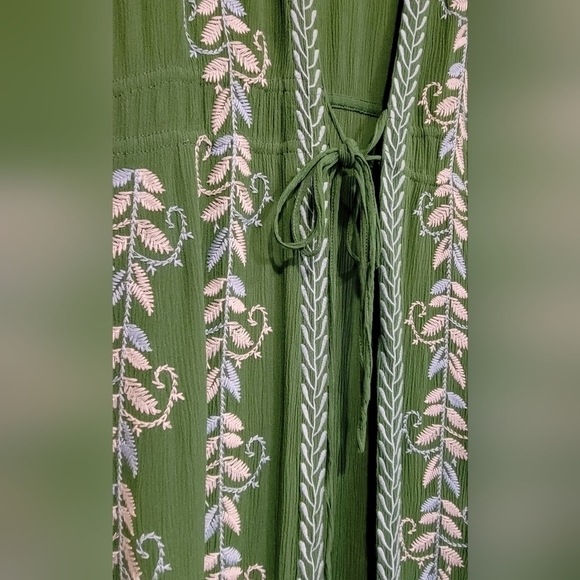 Curations drawstring green with white embroidered trim duster with side slits - Picture 2 of 5